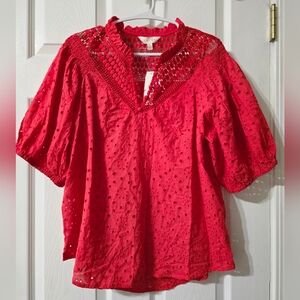 NWT Adiva Red Cotton Crochet & Eyelet Popover Blouse, Puff Sleeves, Boxy Fit.